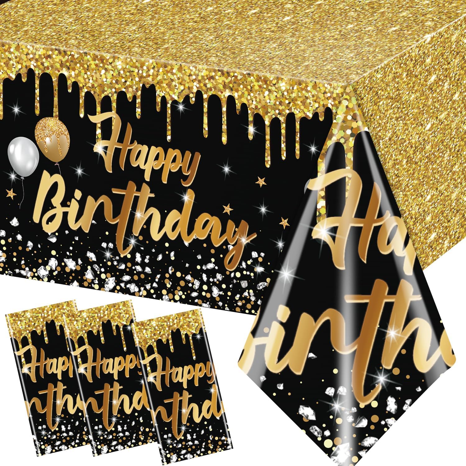 Happy Birthday Tablecloths 3pcs Black and Gold Glitter