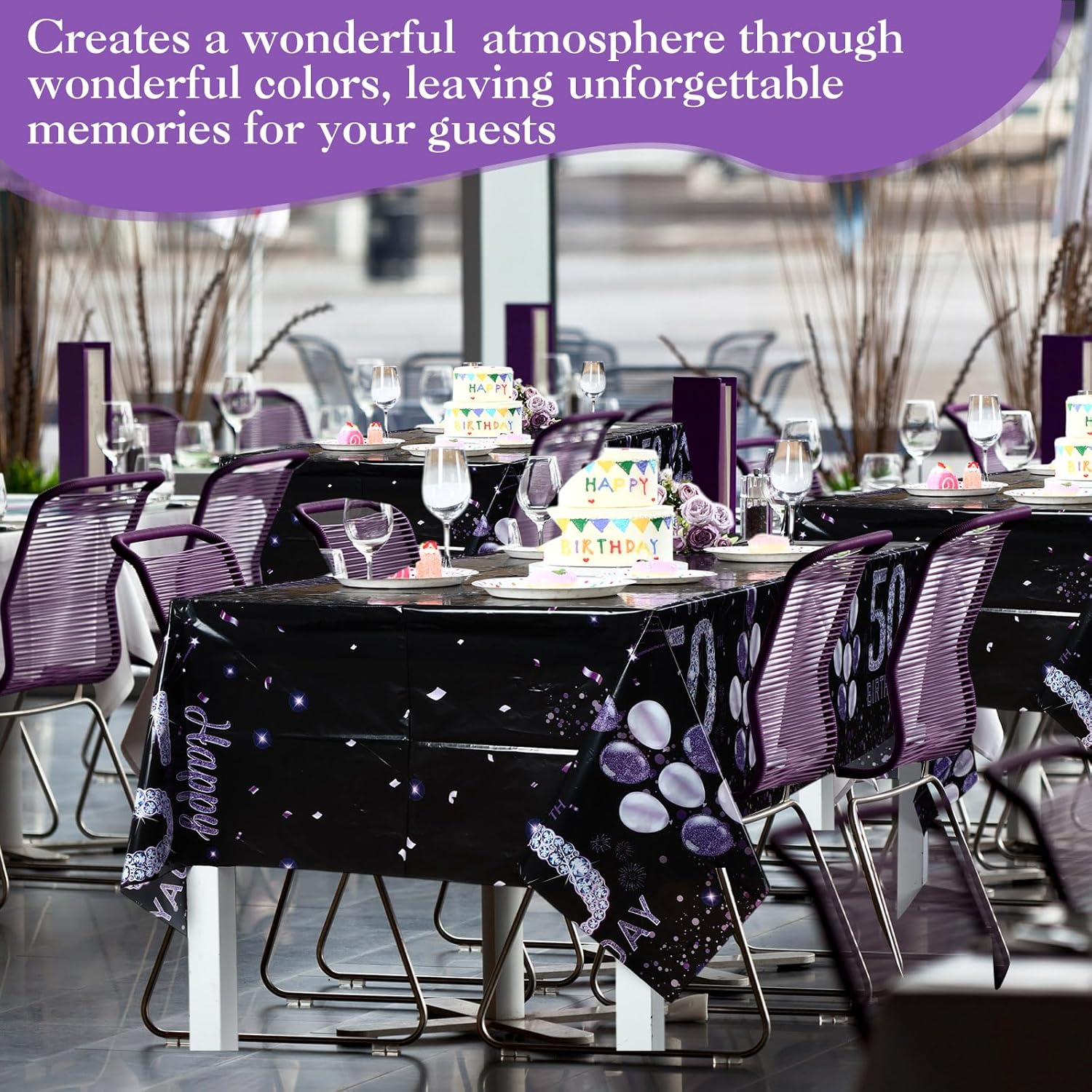 Ganeen 3 Pack Birthday Tablecloth Purple Black 50th Birthday Decorations