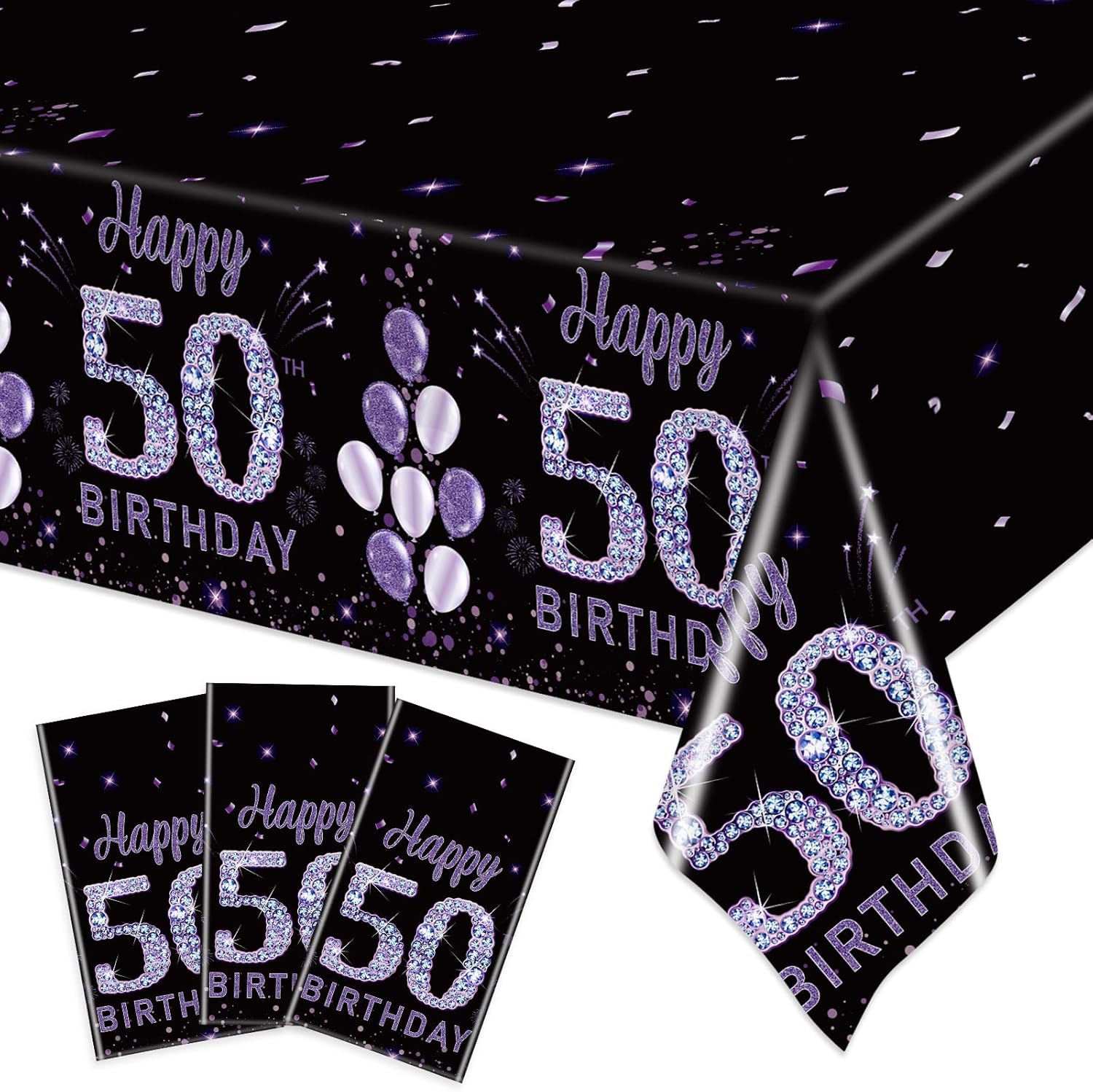 Ganeen 3 Pack Birthday Tablecloth Purple Black 50th Birthday Decorations