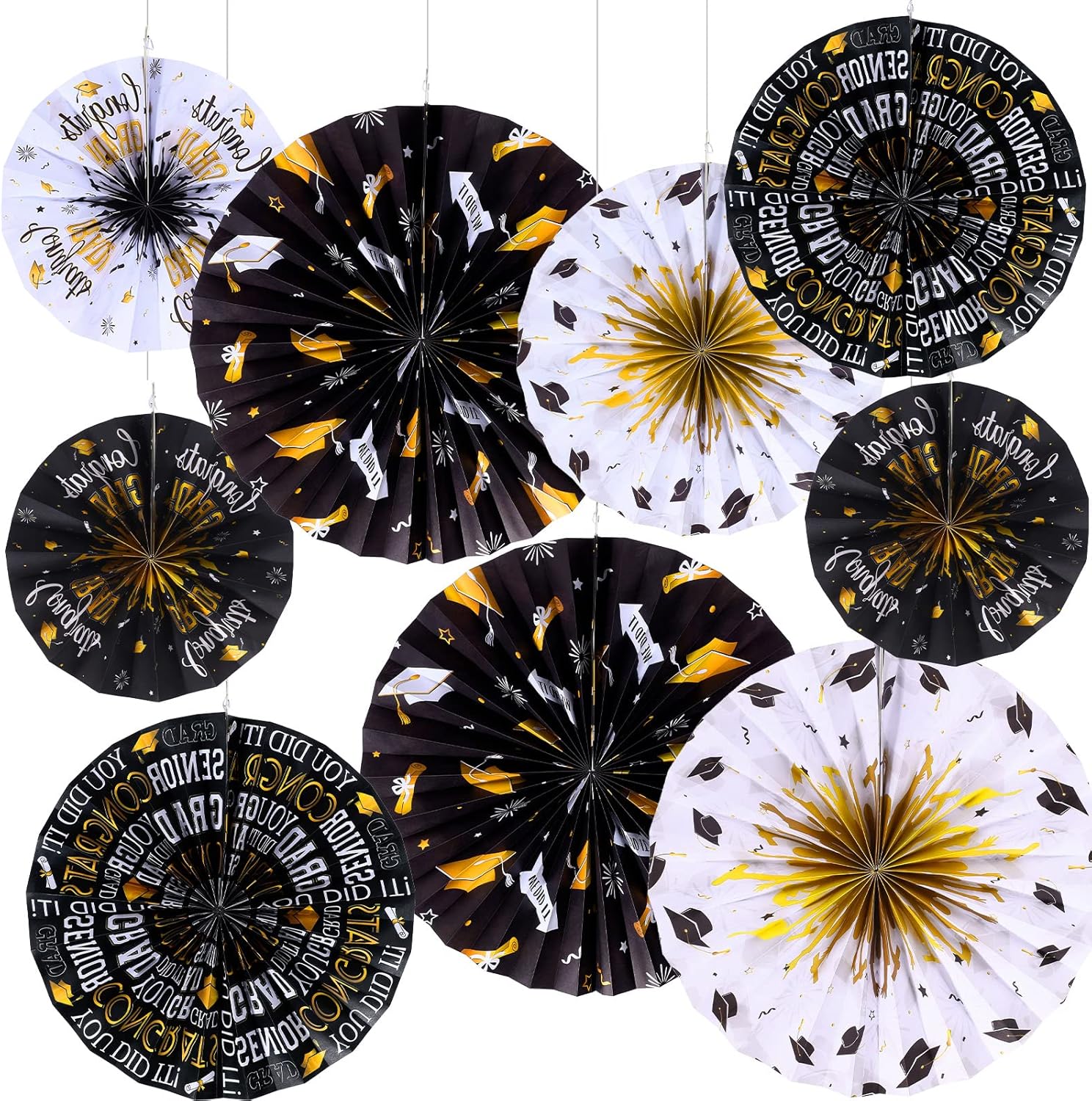 Outus 9 Pcs Graduation Party Decorations Black and Gold Fans