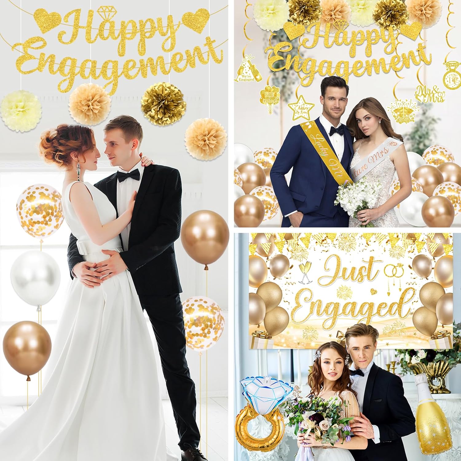 Gold Engagement Party Decorations Set with Balloons and Swirls
