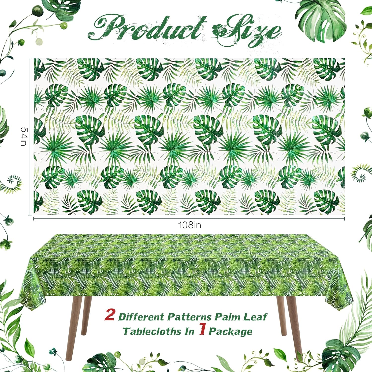 2 Pieces 54x108 Inch Hawaii Palm Leaves Tablecloth Decorations