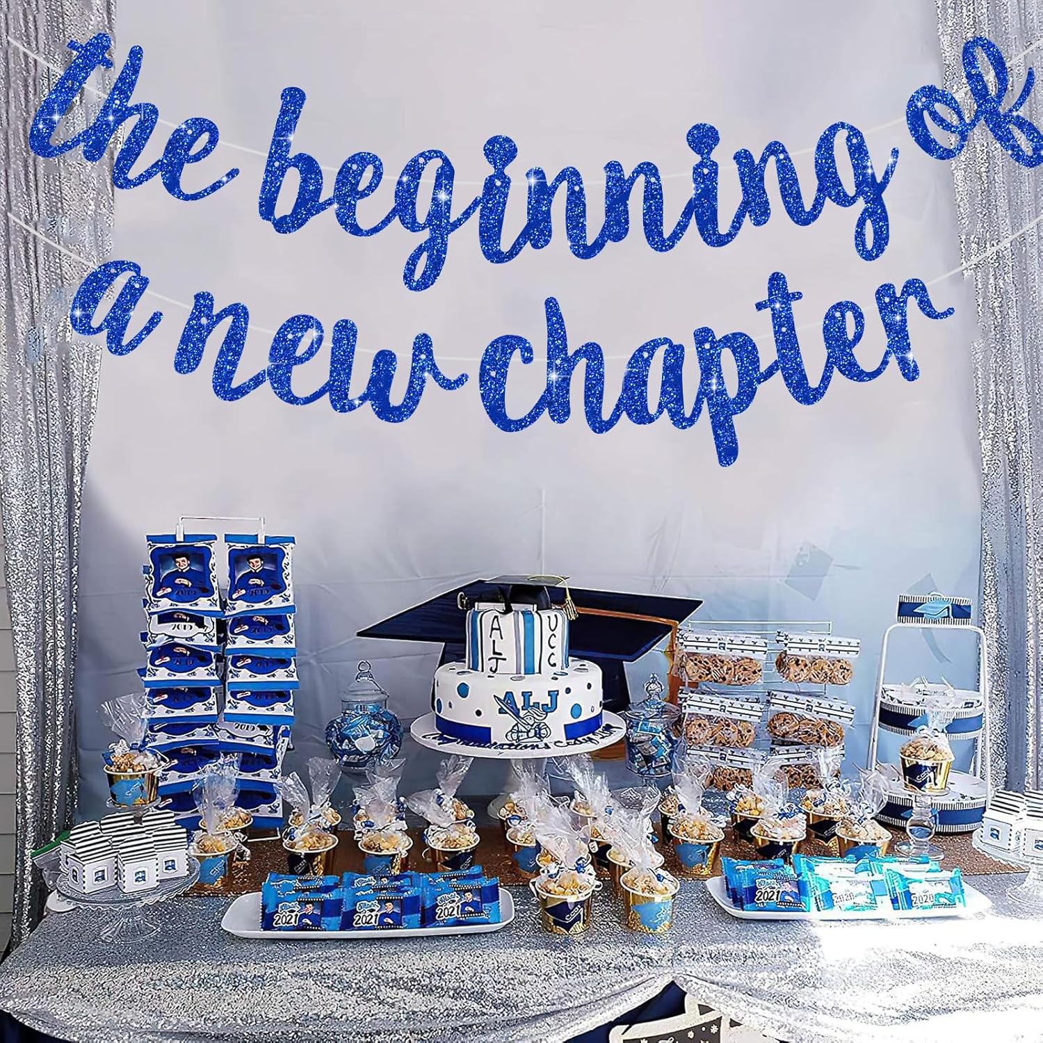 BEISHIDA Glitter Blue Graduation Banner with 2pcs