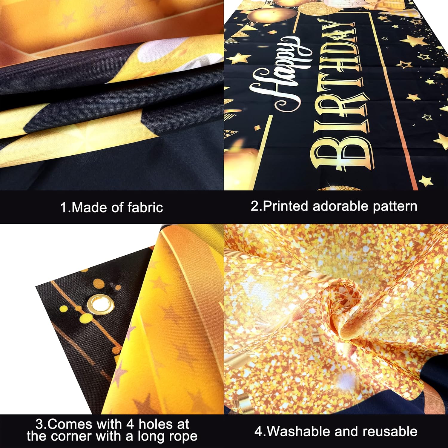 KatchOn Happy Birthday Banner Black and Gold Large 72x44 Inch