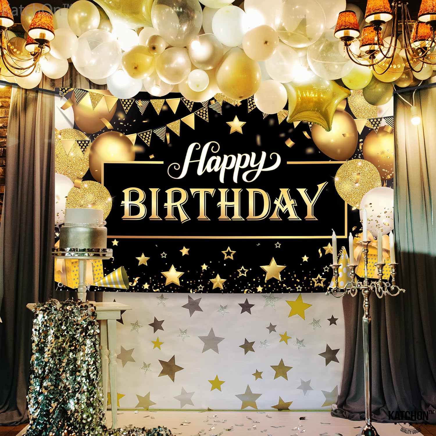 KatchOn Happy Birthday Banner Black and Gold Large 72x44 Inch
