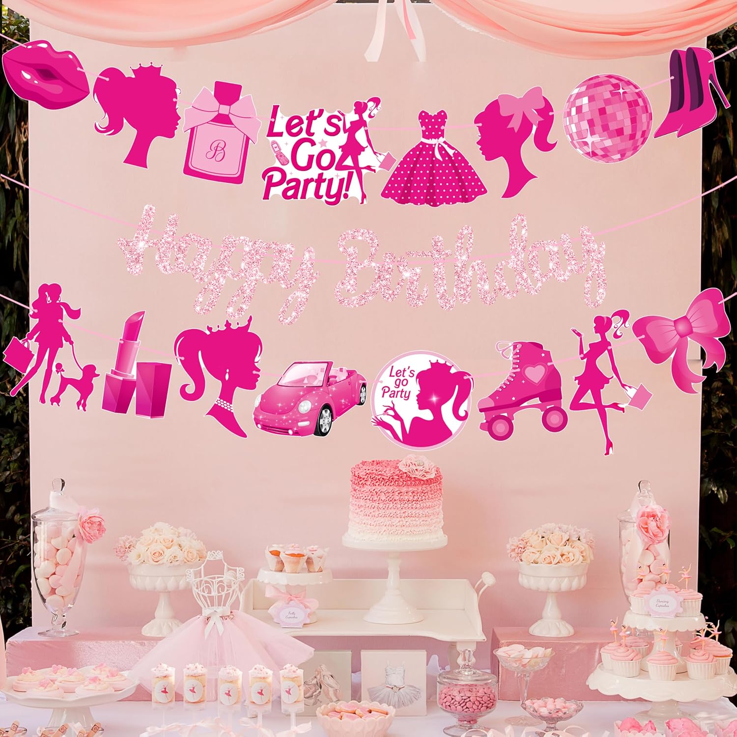 3 Pcs Hot Pink Girl Birthday Banners Decorations