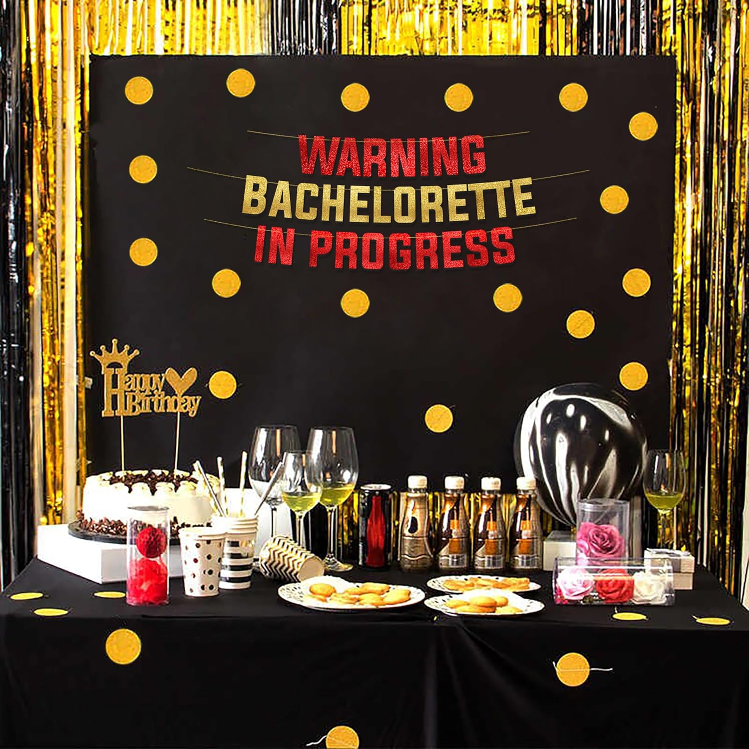 Warning Bachelorette in Progress Red Gold Glitter Banner