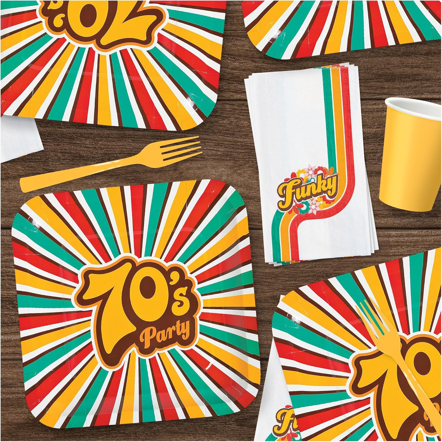 70s Decades Party Supplies - Funky Stripe Plates and Napkins Set