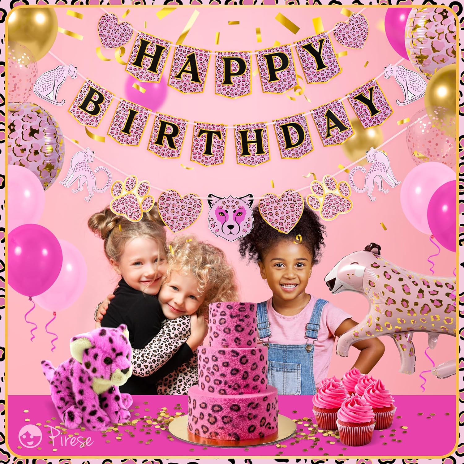 Pink Cheetah Birthday Banner with Decorations
