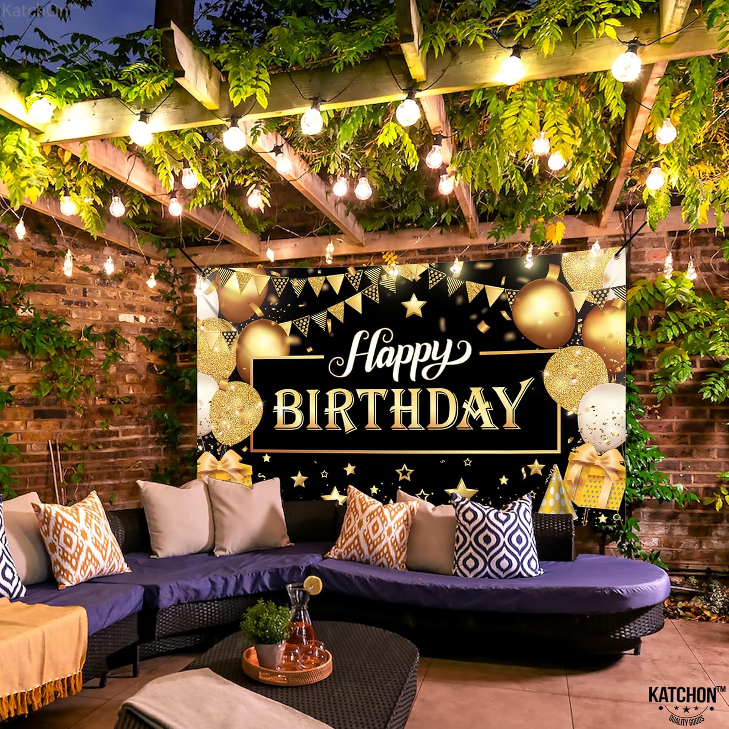 KatchOn Happy Birthday Banner Black and Gold Large 72x44 Inch