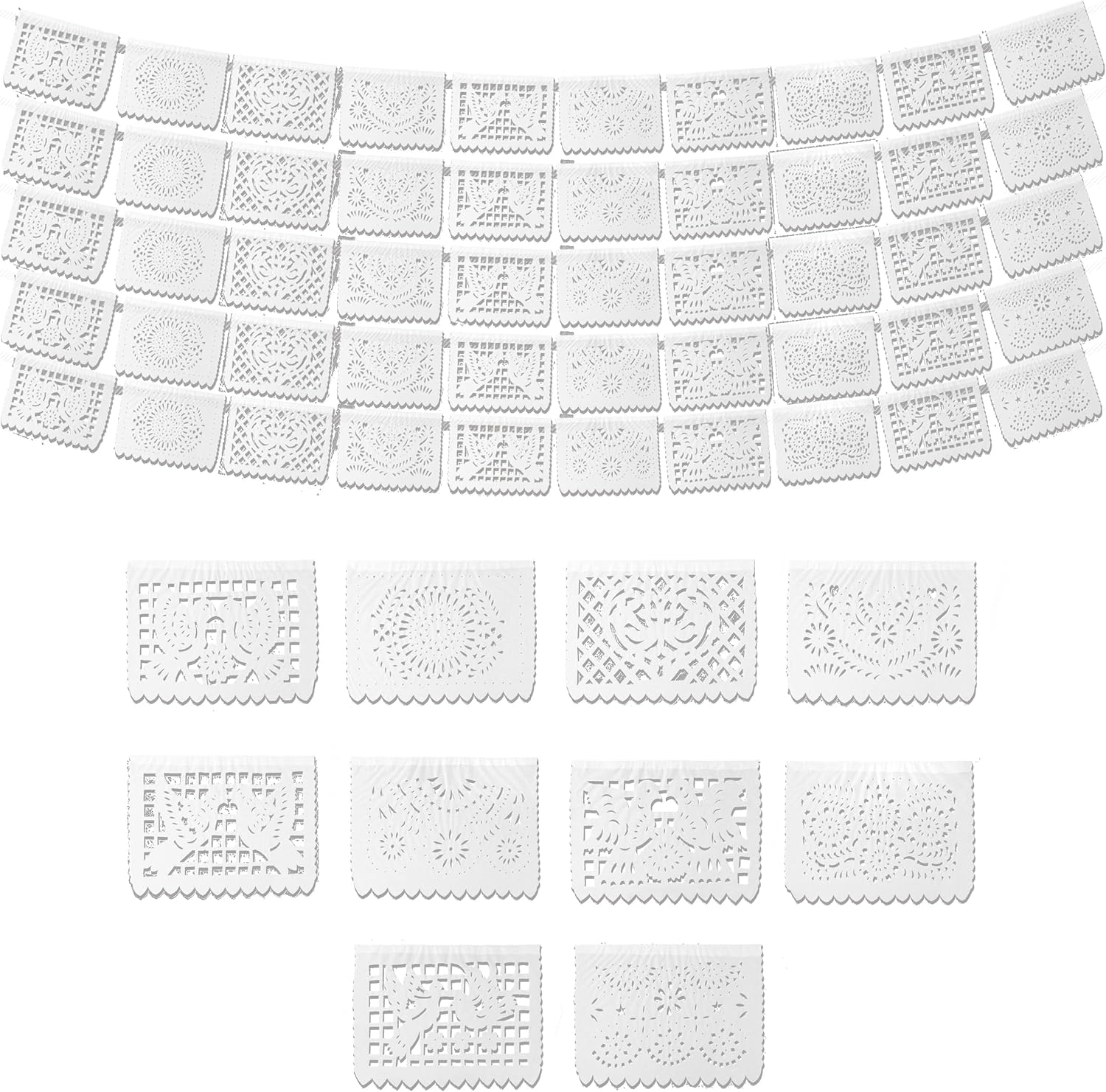White Papel Picado Banner Set 5 Pack - Mexican Party Decorations