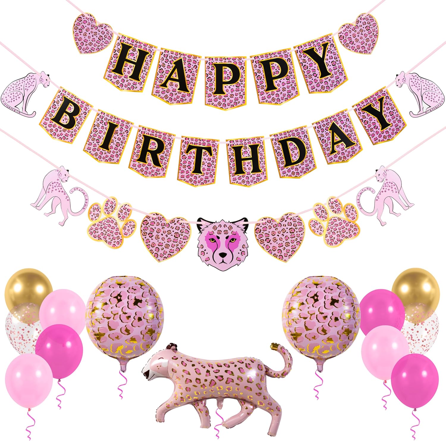 Pink Cheetah Birthday Banner with Decorations