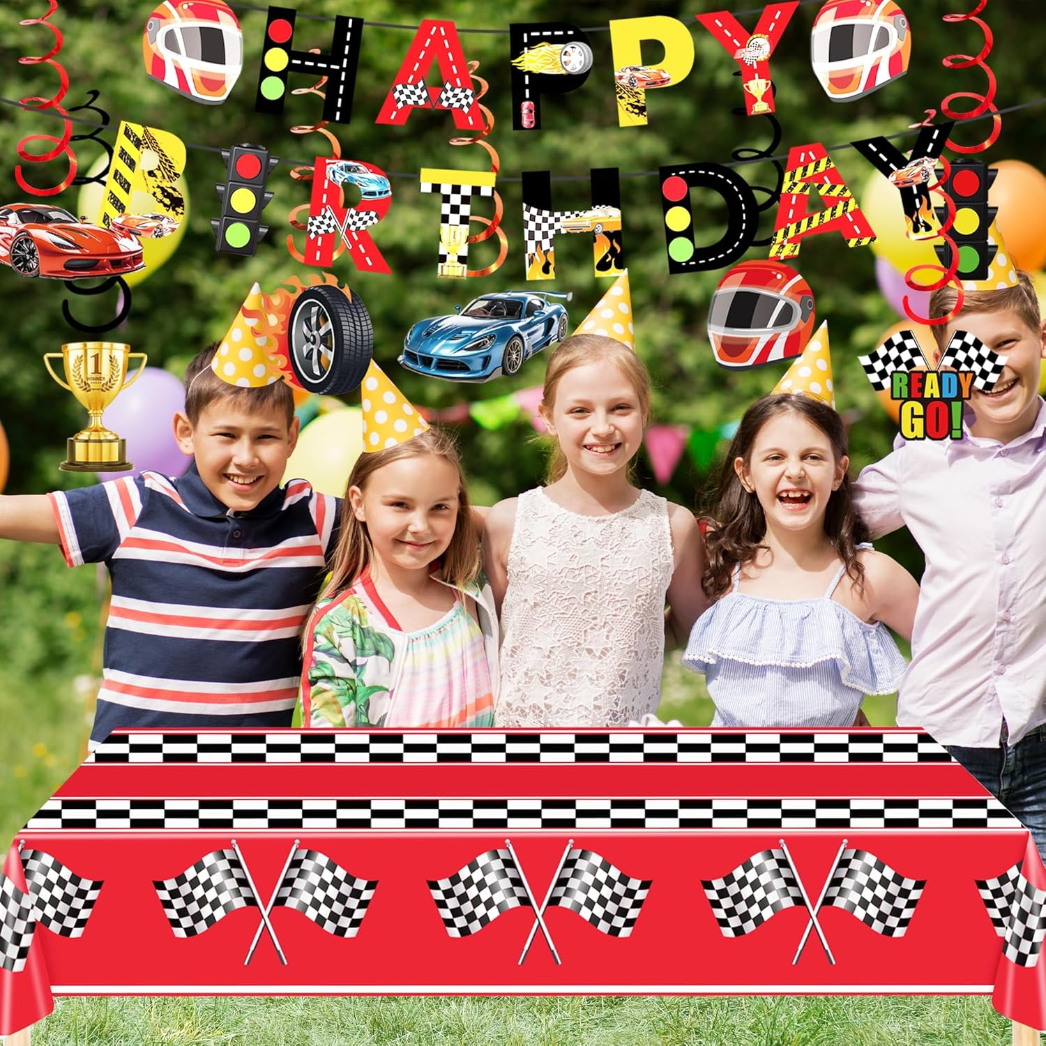 Race Car Birthday Decorations Set with Banner and Tablecloth