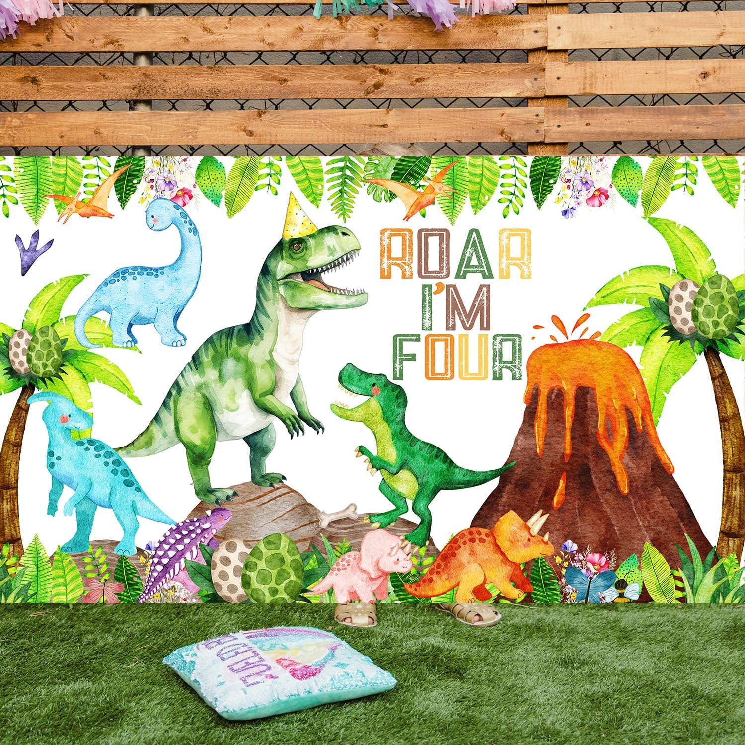 Dinosaur 4th Birthday Decorations Banner Backdrop