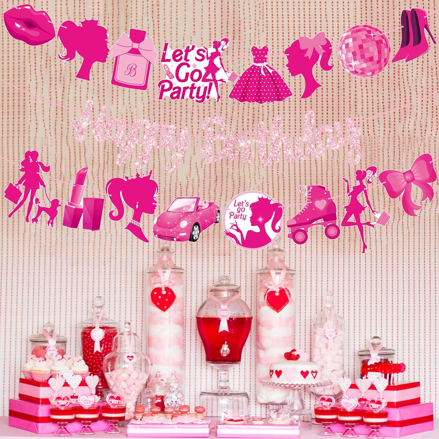 3 Pcs Hot Pink Girl Birthday Banners Decorations