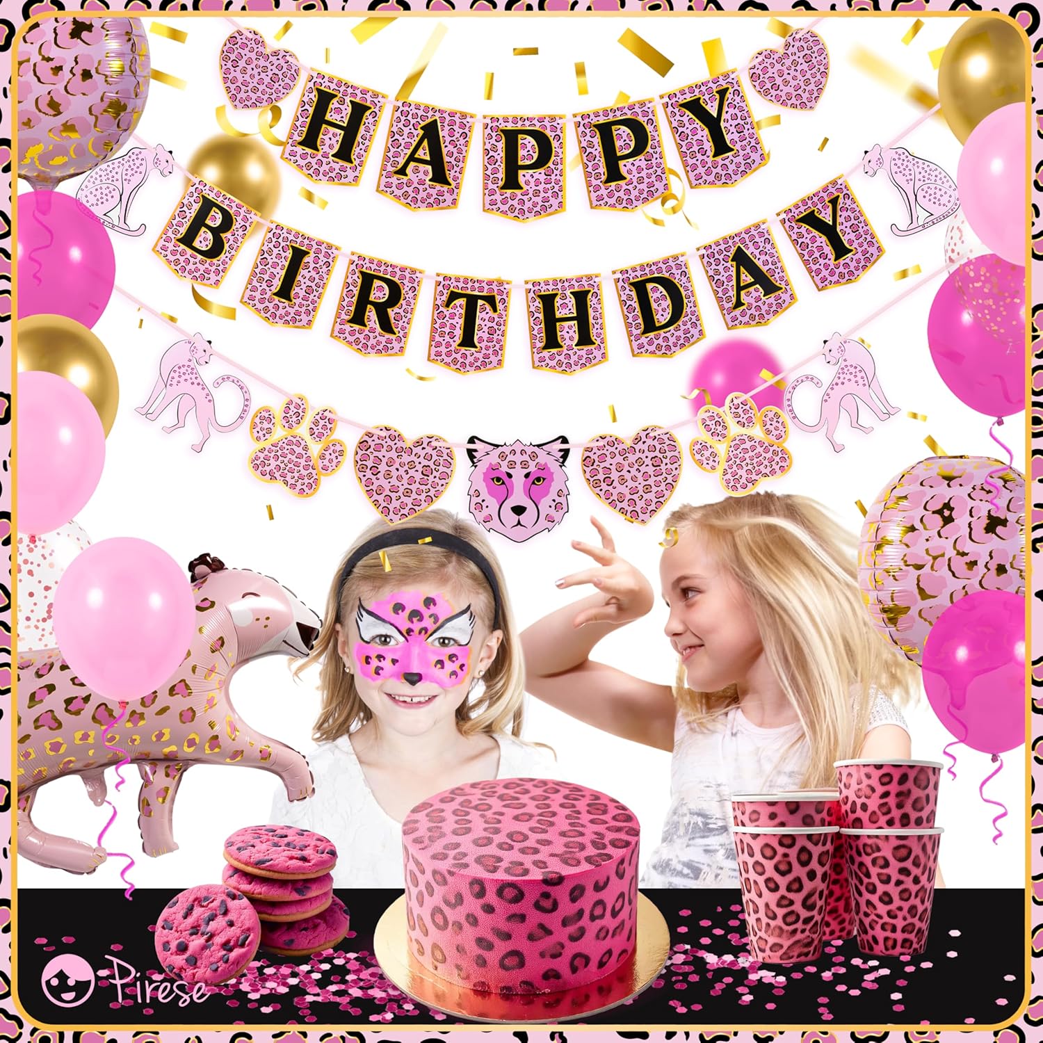 Pink Cheetah Birthday Banner with Decorations