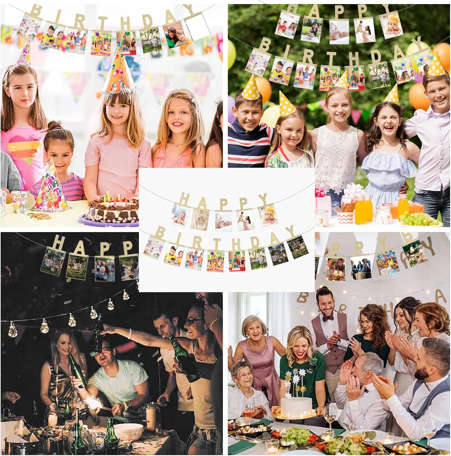 Birthday Photo Banner with Fairy Lights for Party Decorations