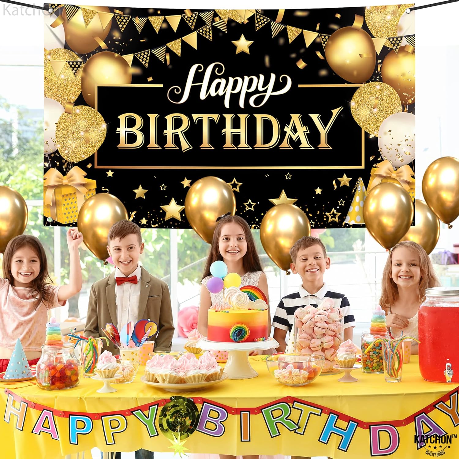 KatchOn Happy Birthday Banner Black and Gold Large 72x44 Inch