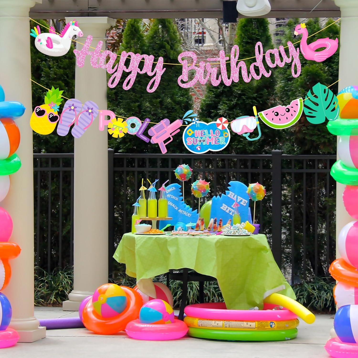 Pool Birthday Party Banners 2pcs Glitter Pink Hawaii Decorations
