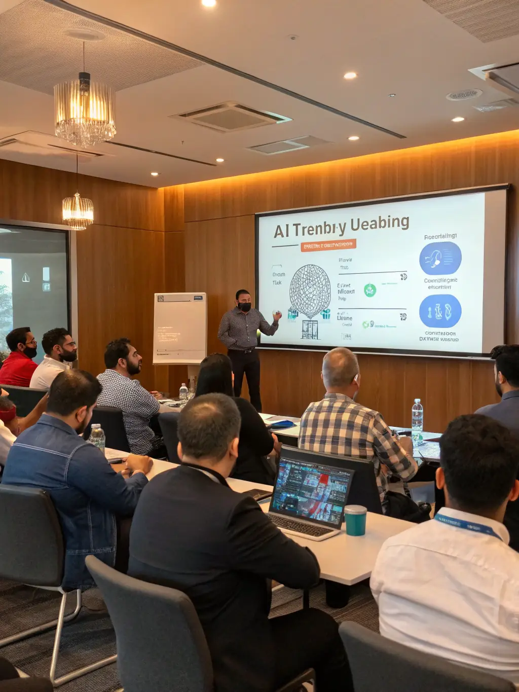 A consultant leading a workshop on AI and machine learning, demonstrating practical applications for business process automation and innovation.