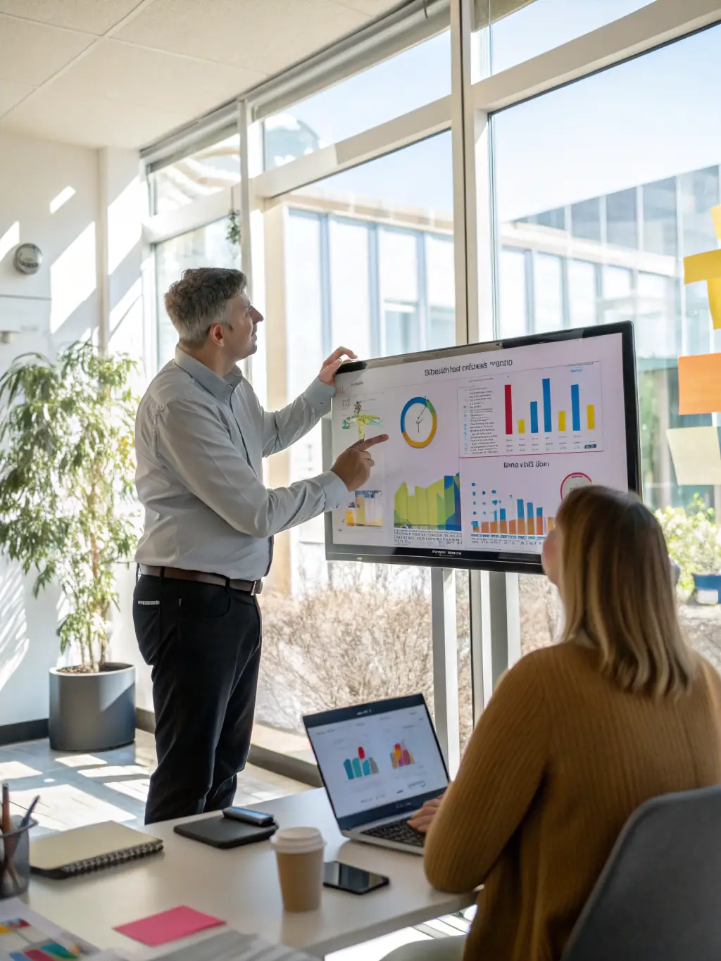 A consultant presenting market analysis data to a client, highlighting key trends and insights to inform strategic decision-making.