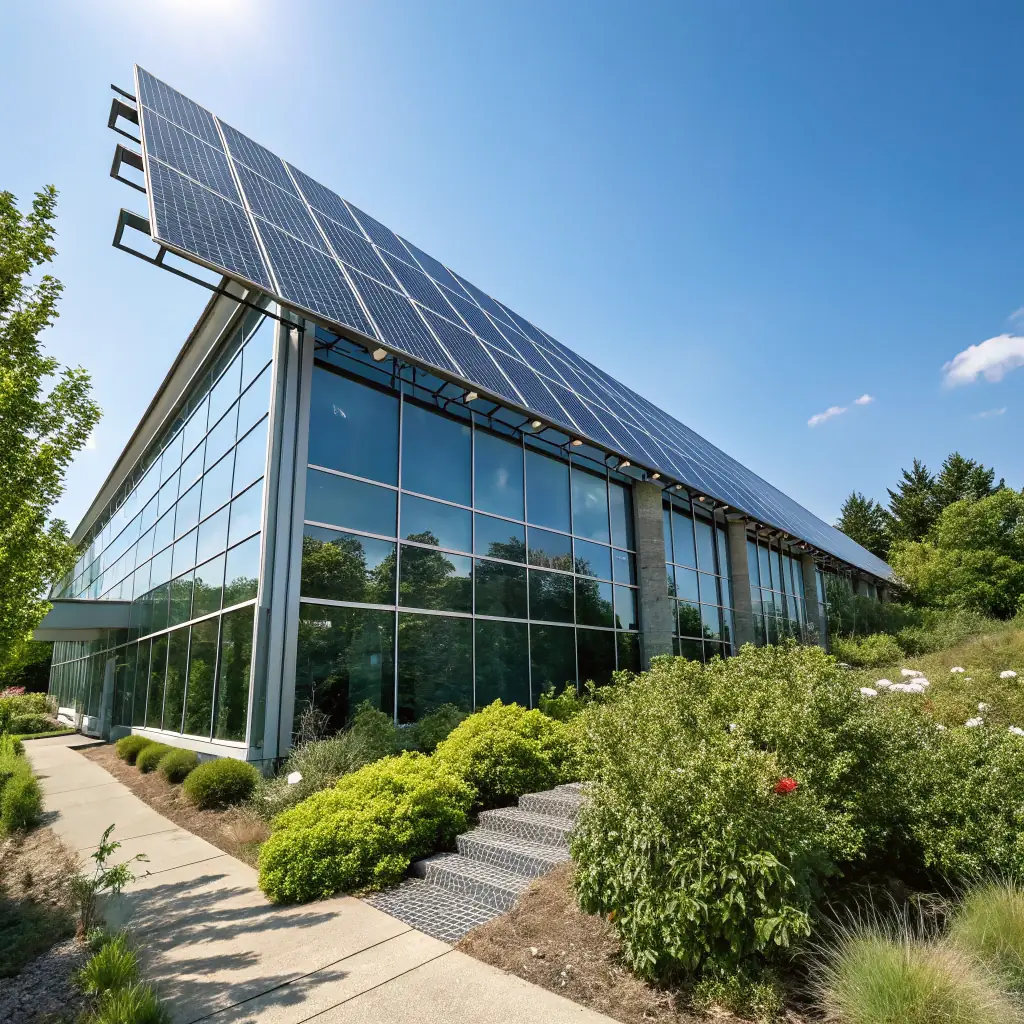 A modern office building with a focus on technology and innovation, representing the technology industry.