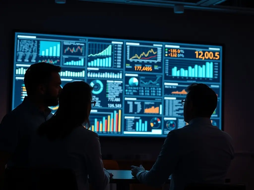 A team of consultants analyzing data and discussing strategies in a conference room, representing strategic insights.