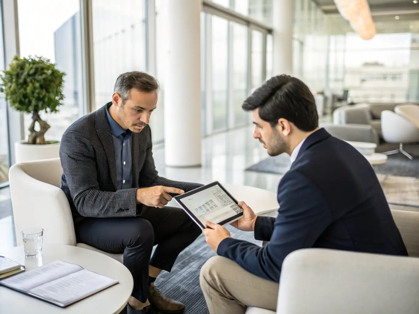 A consultant discussing digital strategies with a client in a modern office setting, focusing on digital transformation consulting.