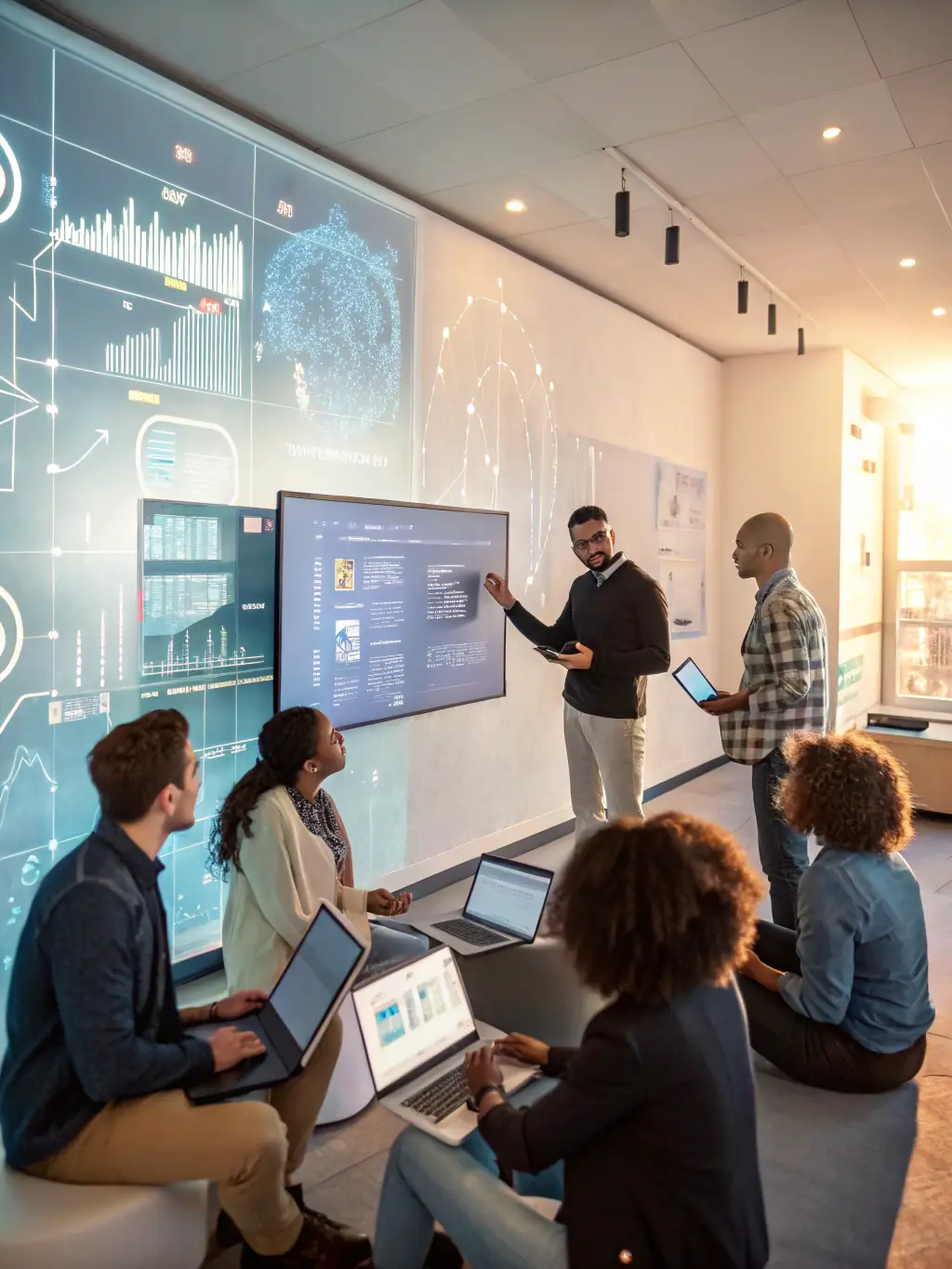 A team of consultants collaborating on a strategic roadmap, using data analytics to identify market opportunities and competitive advantages.