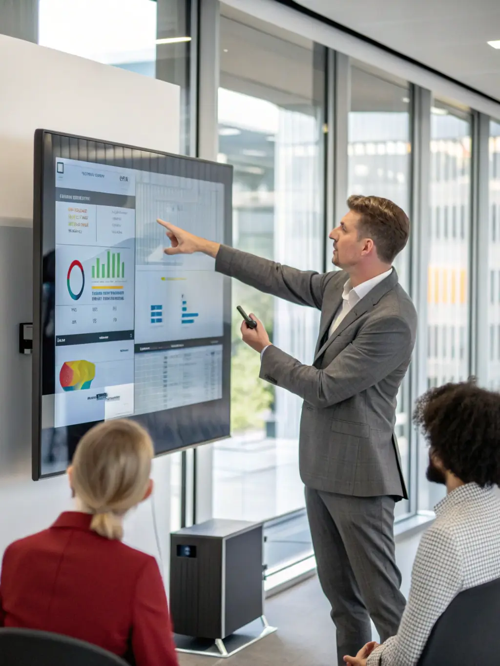 A consultant in a modern office setting, advising a client on digital transformation strategies, with charts and data visualizations displayed on a large screen in the background.