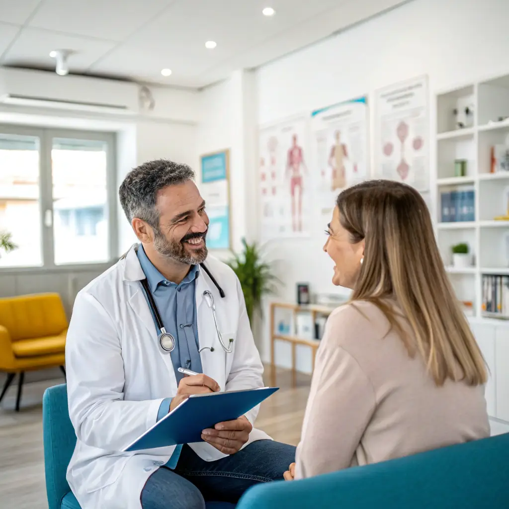 A doctor examining a patient with advanced medical equipment, representing the healthcare industry.