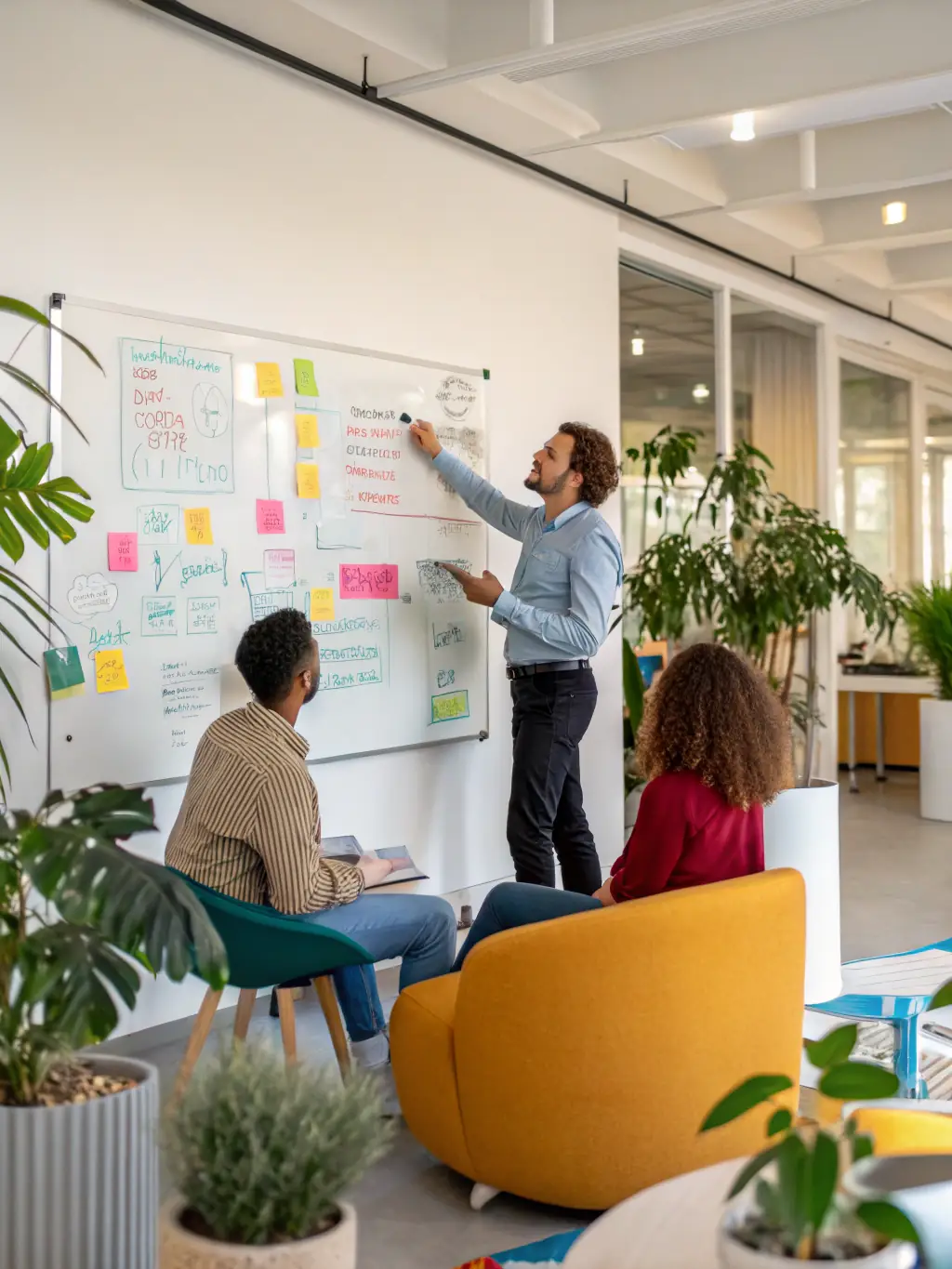 A team of consultants brainstorming ideas around a table, with sticky notes and diagrams illustrating strategic planning and innovative solutions.
