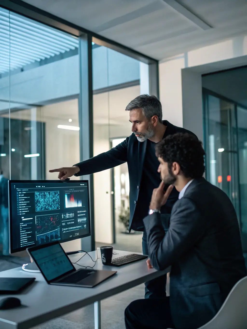 A consultant in a modern office setting, advising a client on digital transformation strategies, with a focus on cloud computing solutions.